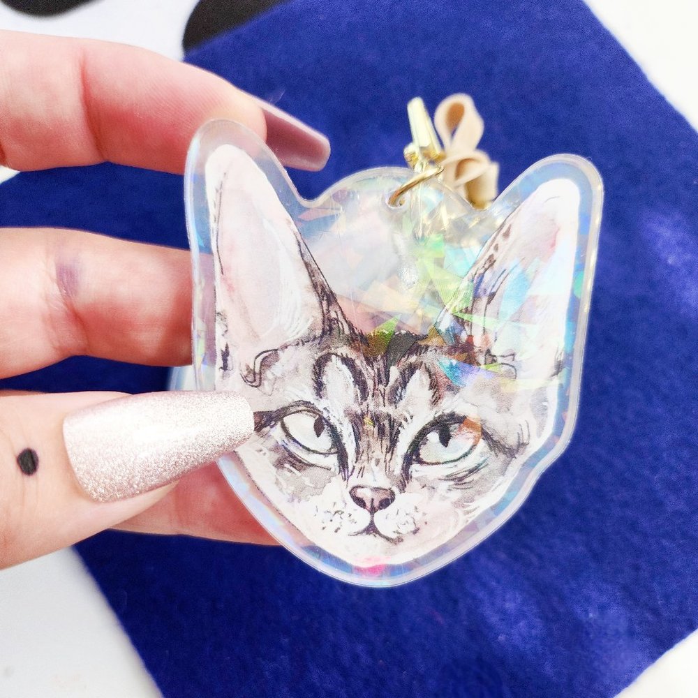 Rex Cat Keychain, Cute Holographic Cat Keyring, Holo Kitty Watercolor